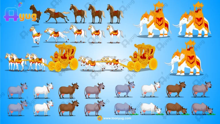 3 in 1 Epic Indian Storytelling Assets: Fully Animated Ancient Chariot, Divine Elephant, and Livestock Collection (.FLA)