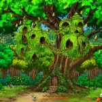 Birds Grass Houses on Big Tree Jungle Animation Background (PSD & PNG)