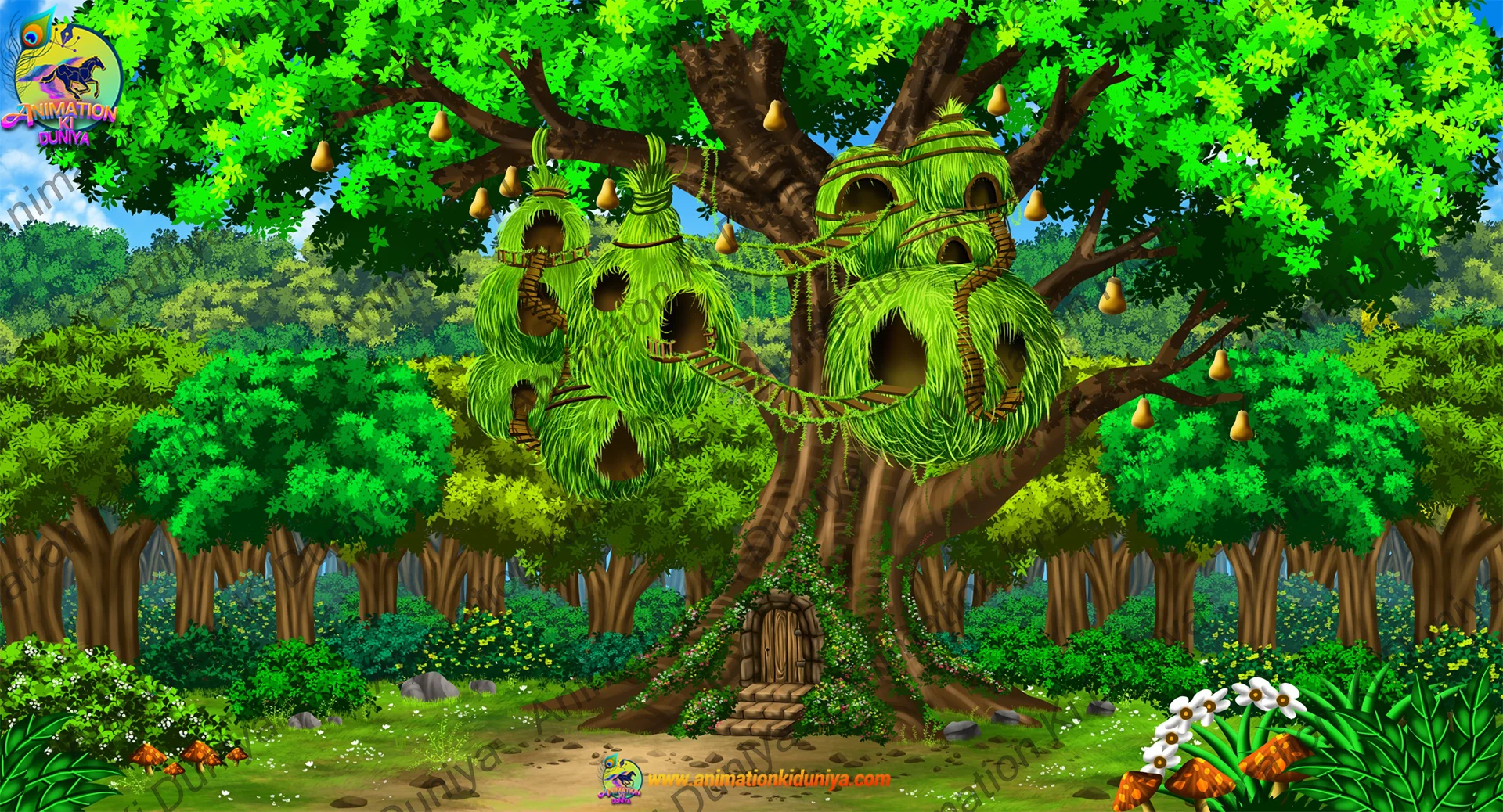 bird grass house Birds Grass Houses on Big Tree Jungle Animation Background (PSD & PNG) - Image 1