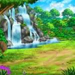 Beautiful Jungle Waterfall 2D Animation Background (PSD & PNG )