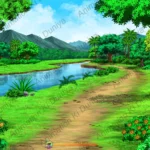 Jungle River Pathway 2D Animation Background with Mountains (PSD & PNG )