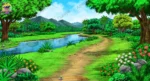 Jungle River Pathway 2D Animation Background with Mountains (PSD & PNG )