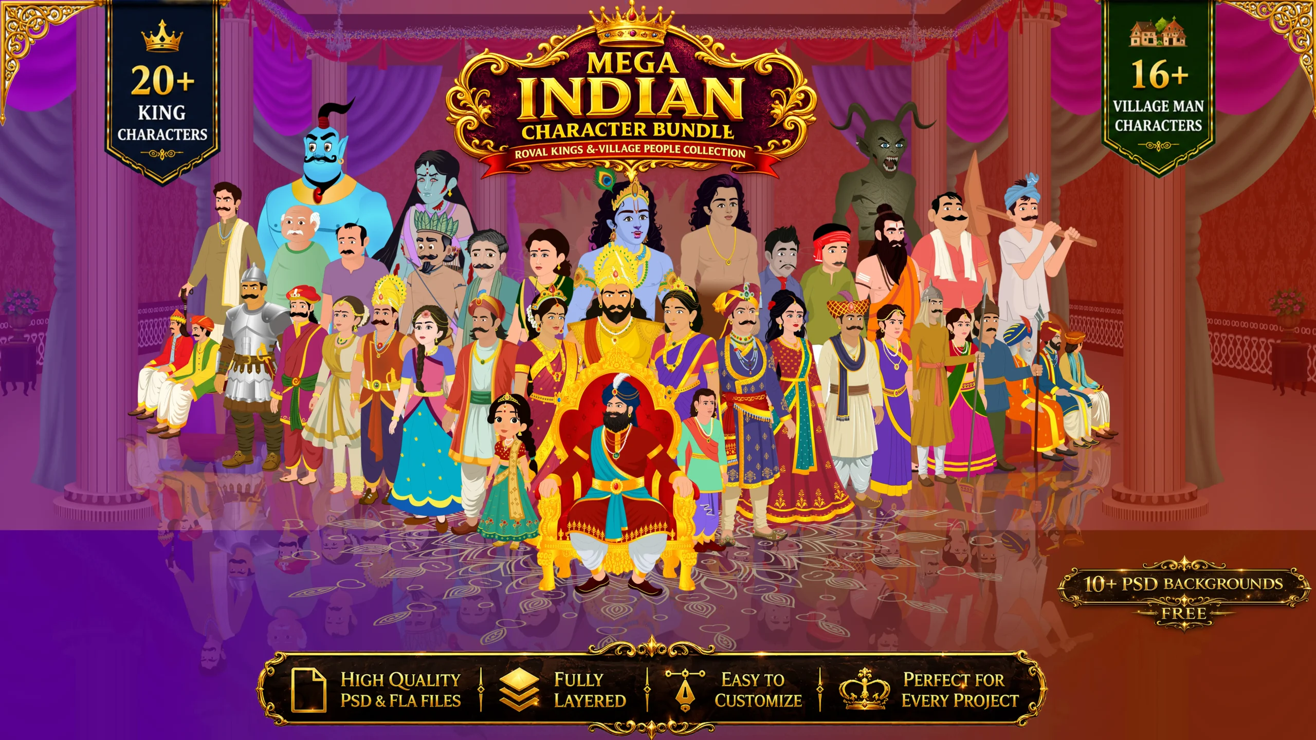 king and village pack Mega Pack 20+ King Pack And 16+ Indian Villagers With Free 10+ PSD High Quality Background(King, Rani, Raja, Sainik, Mantri, Princess, Old Man, Poor Man, Shikari, Saadhu Pandit, Kisan Farmer, Lakadhara etc) - Image 1