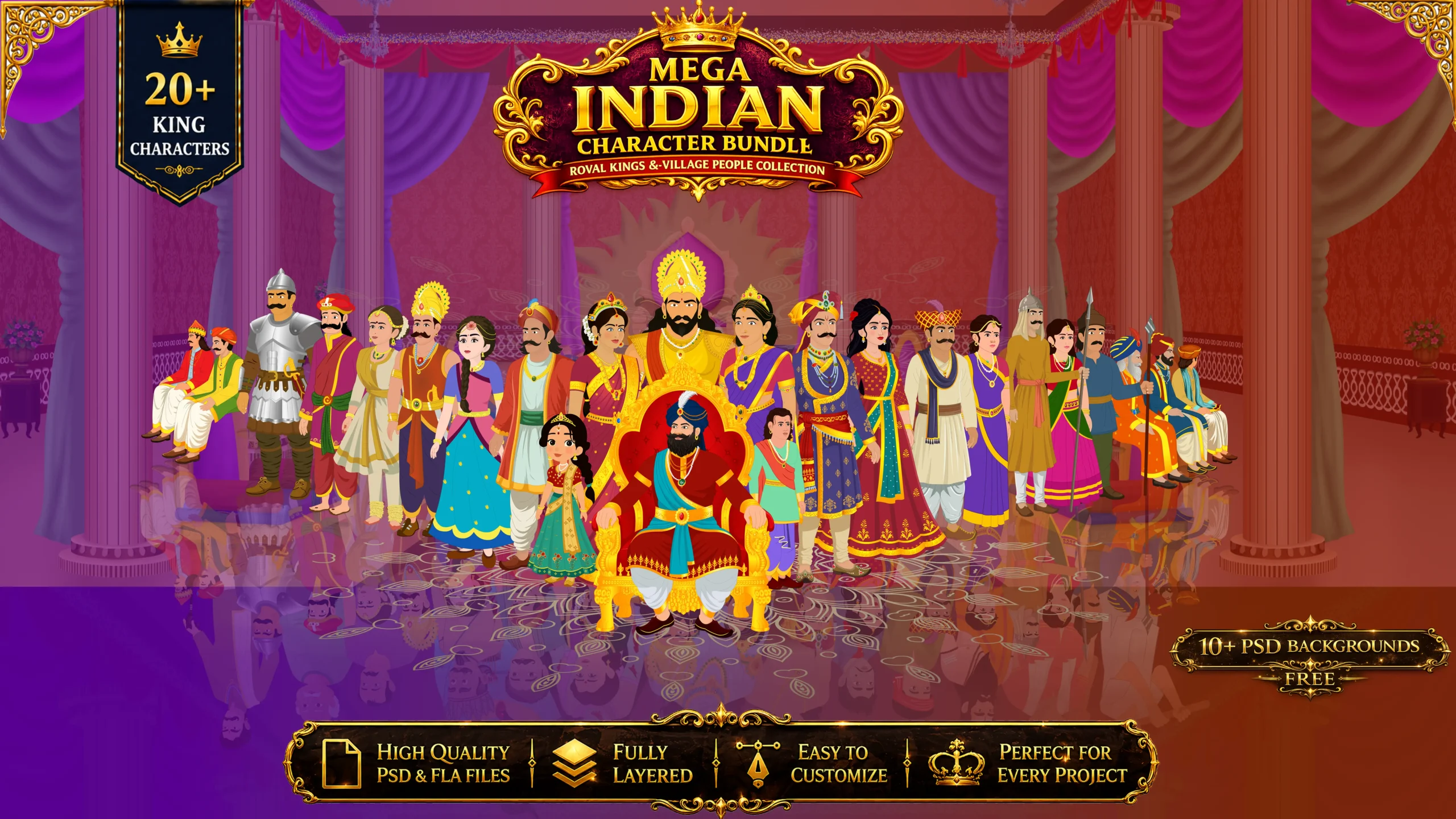 only king The Ultimate King Pack:20+ Character and 10+ PSD Backgrounds Including King, Queen, Raja, Rani, Mantri, Sainik, Sipahi, Princess kid, Raj Darbari, Old King and High Quality Backgrounds - Image 1