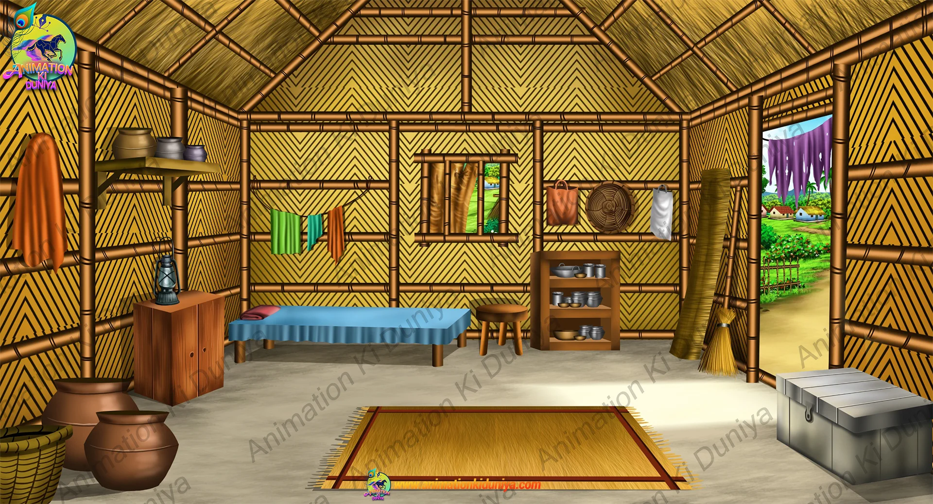 poor man house int Poor Man Village Hut Interior 2D Animation Background (PSD & PNG ) - Image 1