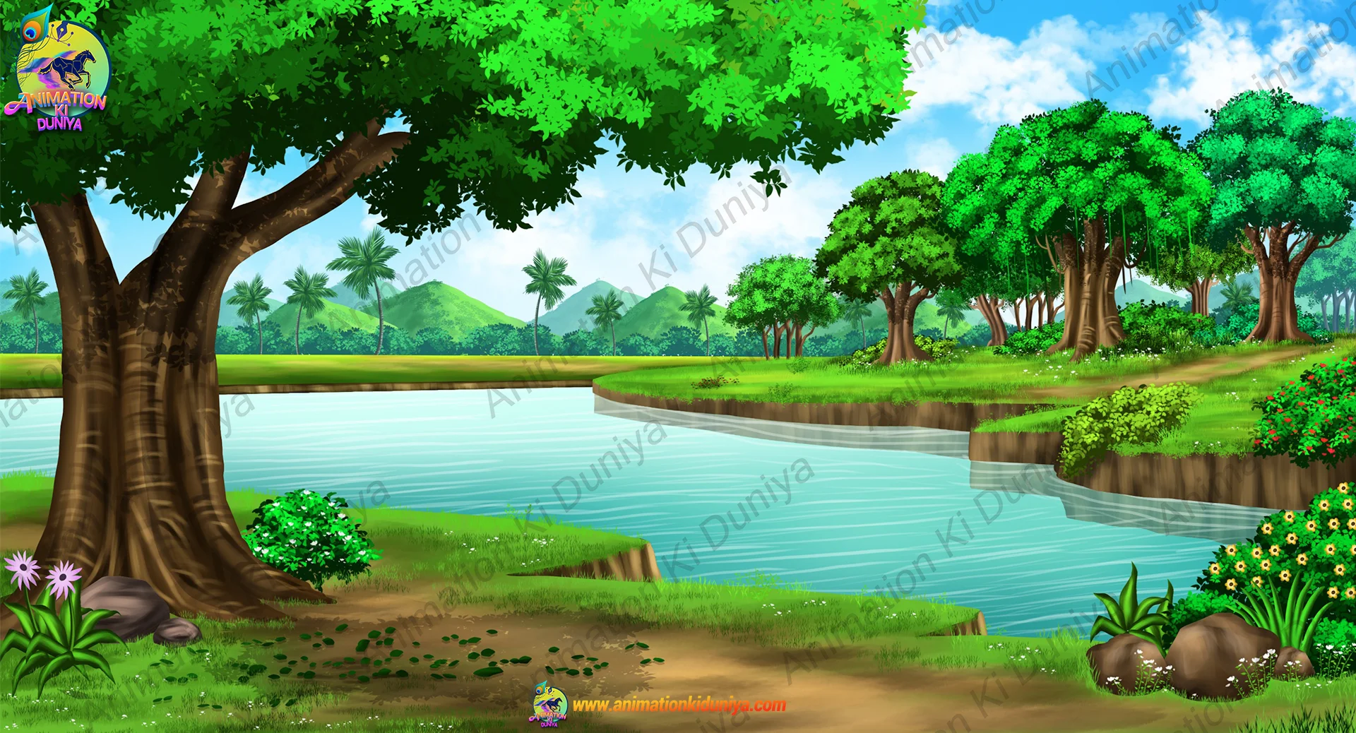 river 2 Beautiful Riverbank Forest 2D Animation Background (PSD & PNG ) - Image 1