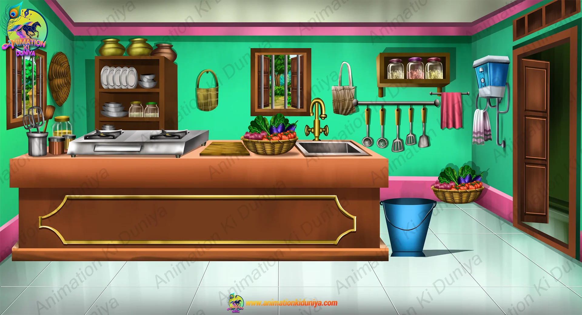 sheat ji ka kitchen bg Rich Seth Ji Modular Kitchen Interior 2D Animation Background (PSD & PNG ) - Image 1