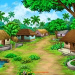 Cinematic Indian Village Landscape with Huts, River & Chabutara 2D Animation Background (PSD & PNG )