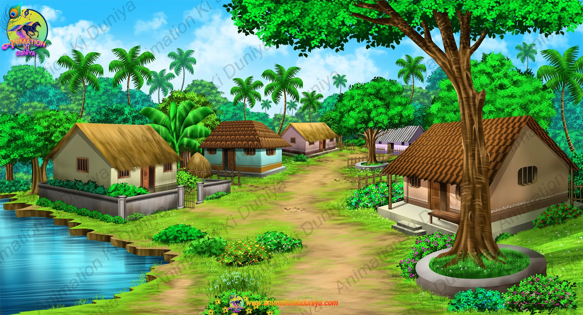 village bg 5 to 6 house Cinematic Indian Village Landscape with Huts, River & Chabutara 2D Animation Background (PSD & PNG ) - Image 1