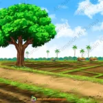 Indian Village Cartoon Background with Fields & Trees (PSD & PNG)