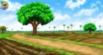 Indian Village Cartoon Background with Fields & Trees (PSD & PNG)
