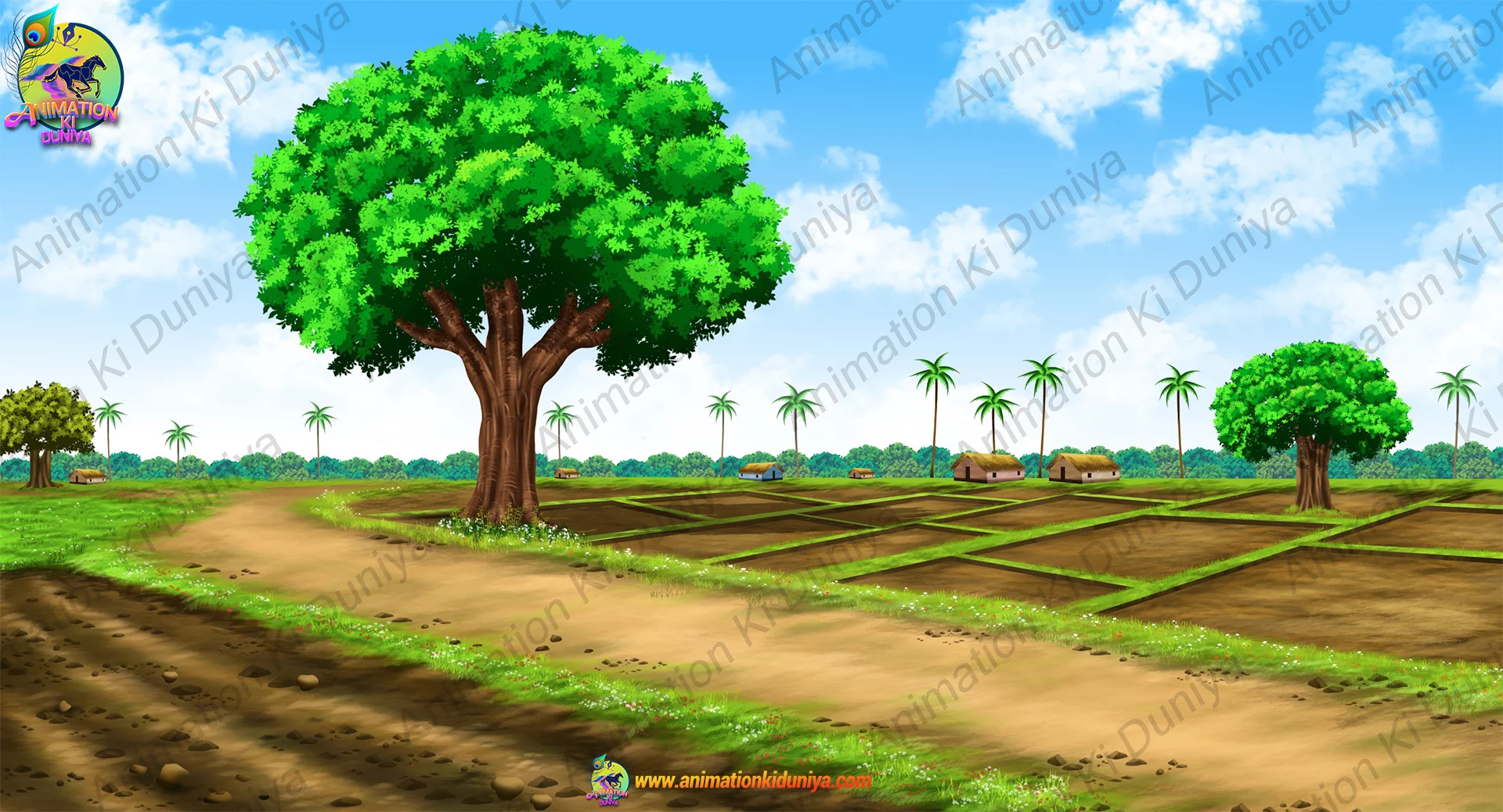 village road Indian Village Cartoon Background with Fields & Trees (PSD & PNG) - Image 1