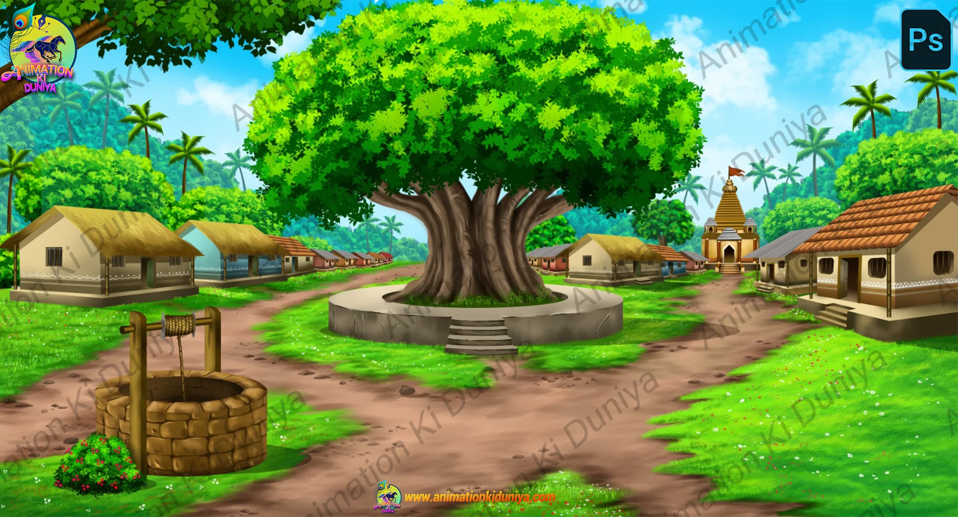 village seen chopal, kua and mandir Indian Village Scene 2D Animation Background | Chopal, Well & Temple (PSD & PNG ) - Image 1