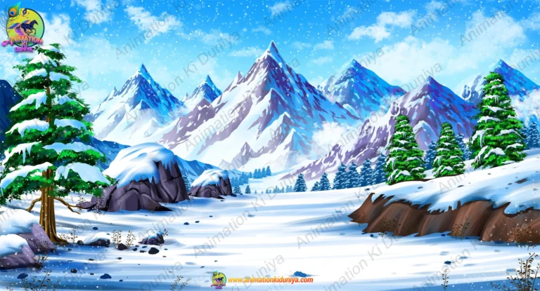 2D Winter Snow ( ice ) Mountain Background with Pine Trees for Animation (PSD & PNG)