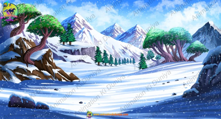 2D Snowy ( ice ) Mountain Background with Fantasy Trees for Animation (PSD & PNG)