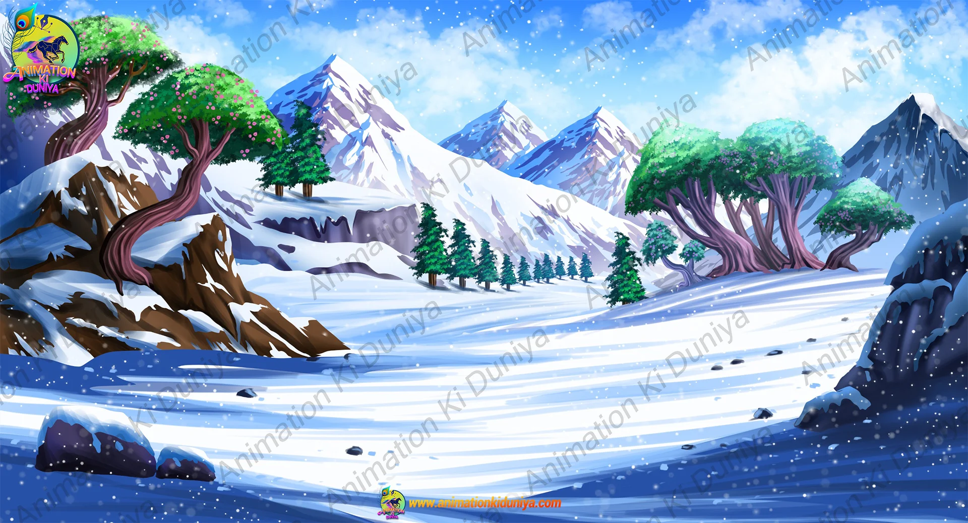 mountain 3.jpeg 2D Snowy ( ice ) Mountain Background with Fantasy Trees for Animation (PSD & PNG) - Image 1
