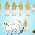 Indian Village Old Man & Farmer 2D Character | Old Villager Vector Asset with Farming Poses