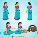 2D Indian Village Lady Character Pack with Cooking Poses | Chulha Roti Belna Animation Asset