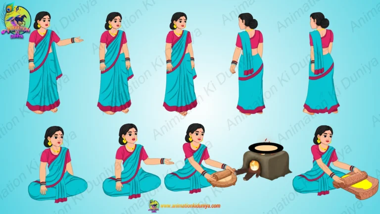 2D Indian Village Lady Character Pack with Cooking Poses | Chulha Roti Belna Animation Asset