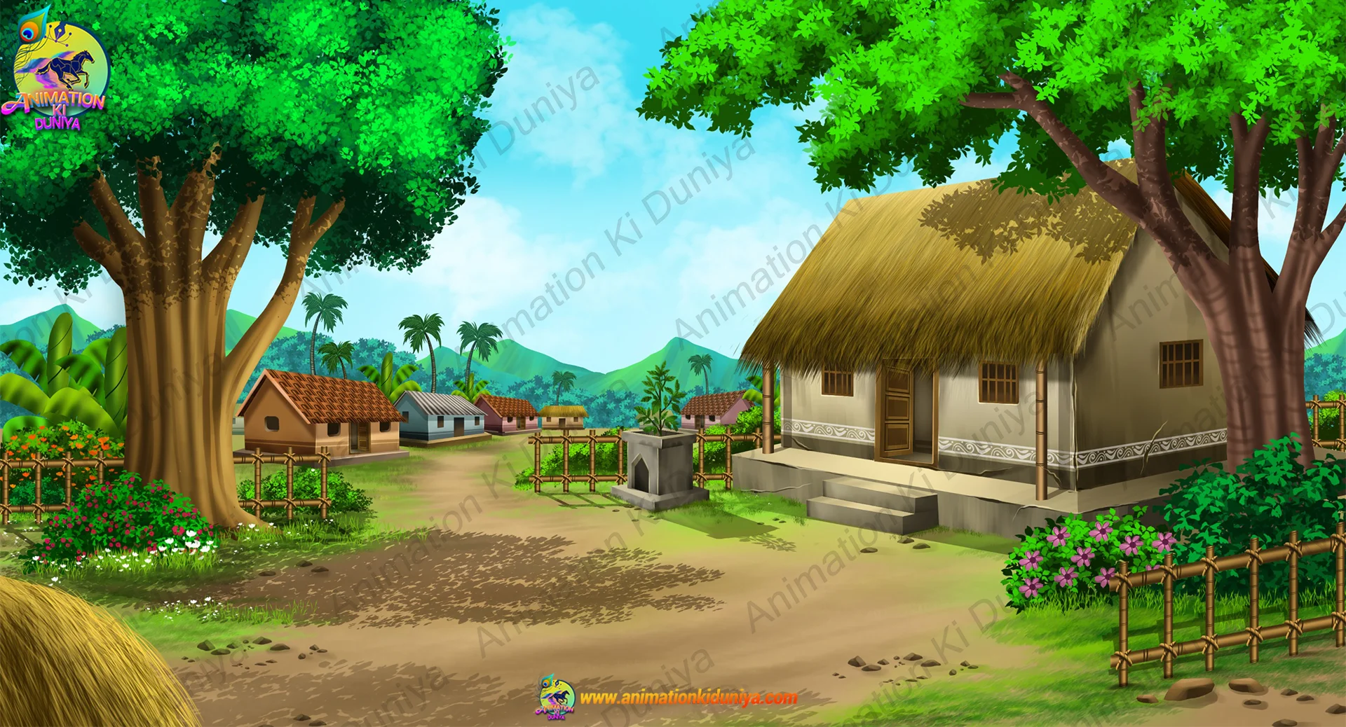 villege Indian Village House and Tulsi Aangan Animation Background (PSD & PNG) - Image 1