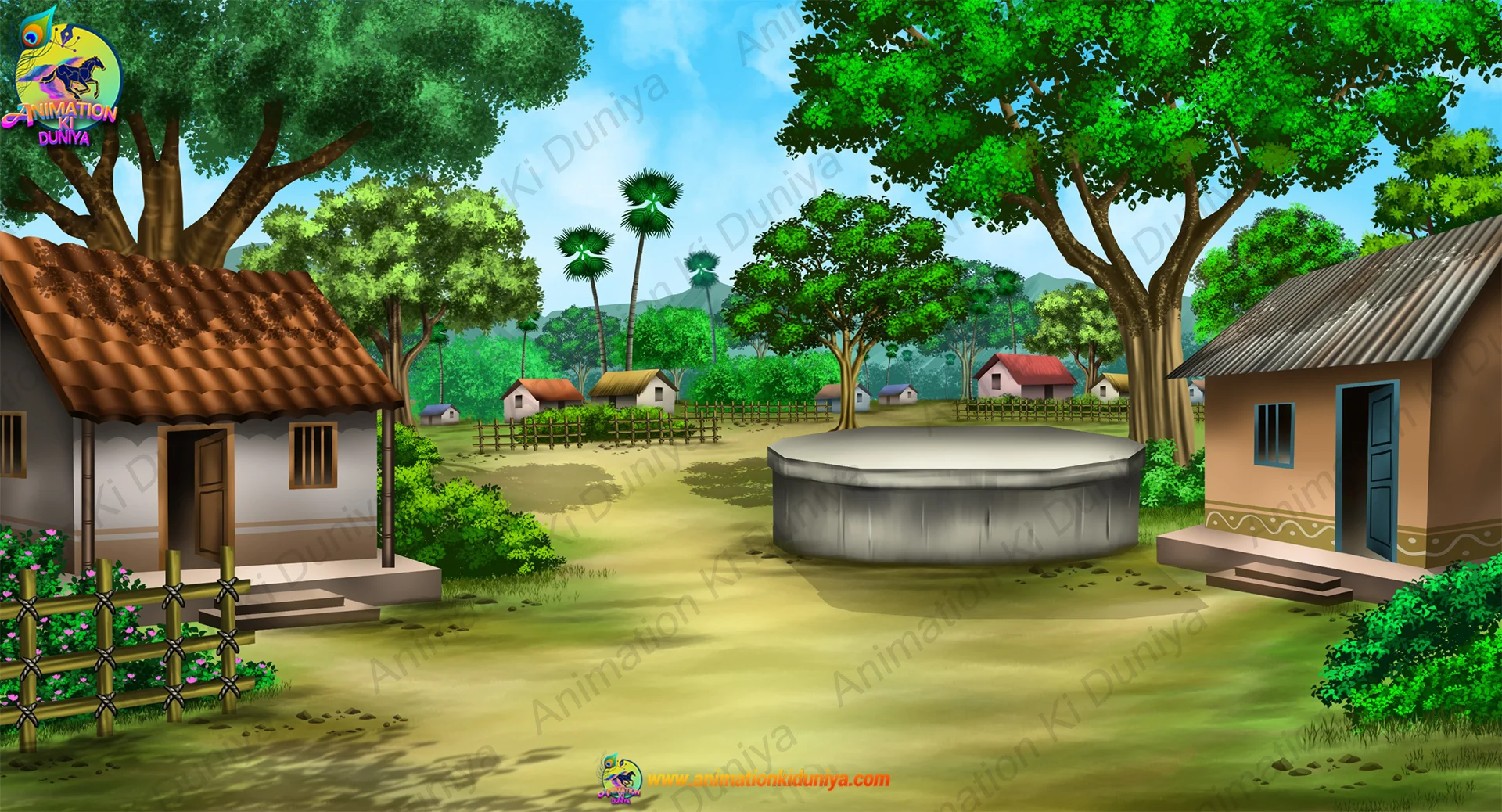 villge 4 Indian Village Background Vector Asset for 2D Animation – Beautiful Rural Landscape (PSD & PNG) - Image 1