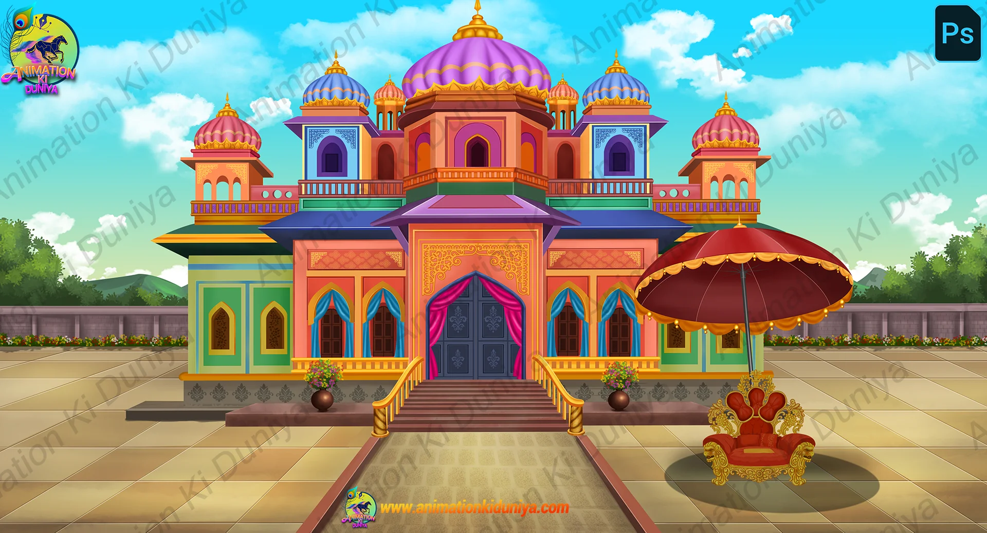 Rajmahal 1i.jpg copy Royal Indian (Rajmahal )Palace 2D Background | Animated King's Throne Scene (PSD + PNG) - Image 1