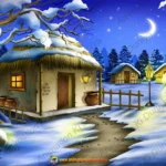 Indian Village Winter Snow Night Background for 2D Animation (PSD/PNG)