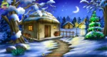 Indian Village Winter Snow Night Background for 2D Animation (PSD/PNG)