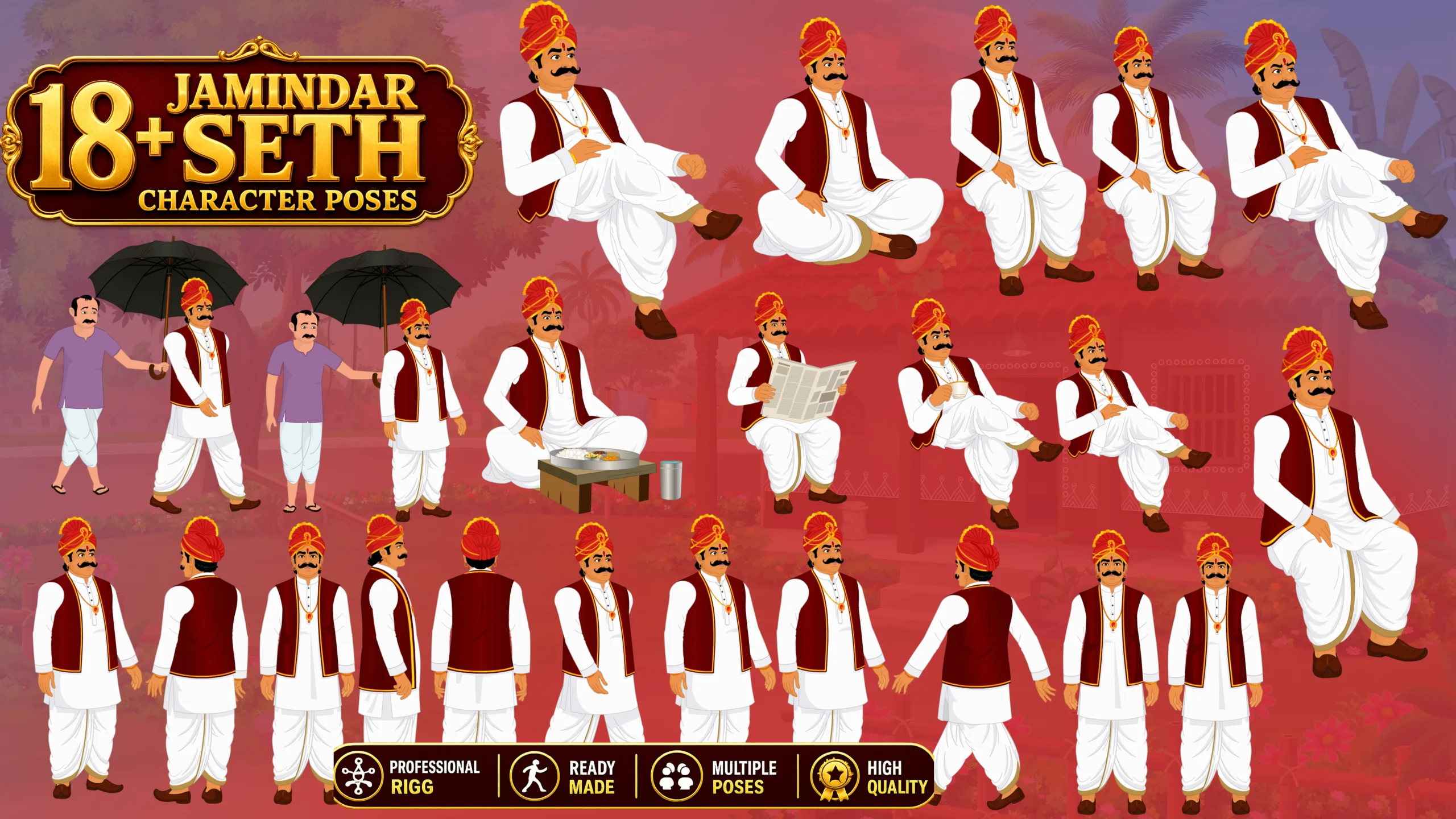 seth web o Premium 18+ Indian Village Seth Jamindar Poses Set Animated Human Character - Image 1